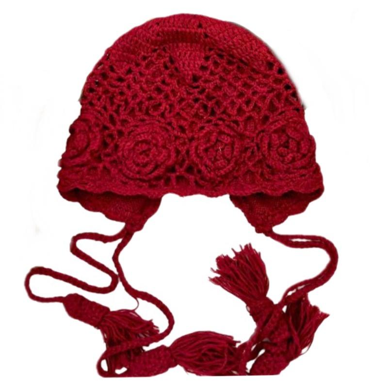 Herbst- und Winter-Doppellagen-Handhäkel-Strickmütze Böhmische Wollmütze mit Fransen Literarischer Mode-Trendhut