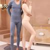 Homewear Top Pants Set 2 Pcs/Set Winter Woemn Thermal Underwear Round Neck Seamless Long Sleeve Solid Color Suit Warm Slim Fit High Elastic