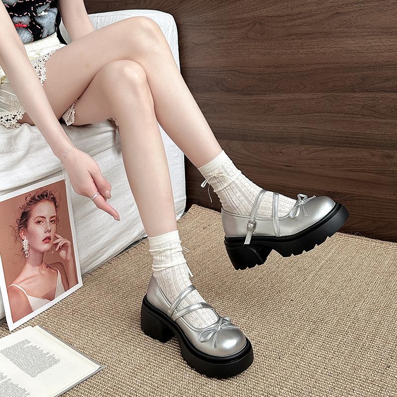 French bow thick sole height increase Mary Jane shoes women's 2025 new summer wear with skirt retro single shoes