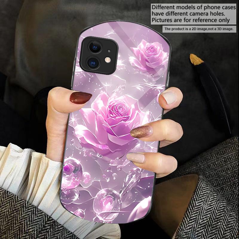 Ice crystal-colored roses For iPhone 17 16 15 14 Pro 13 Plus 12 mini 11 Pro Max XR X S 7 8 Elliptical Tempered Glass Phone Case