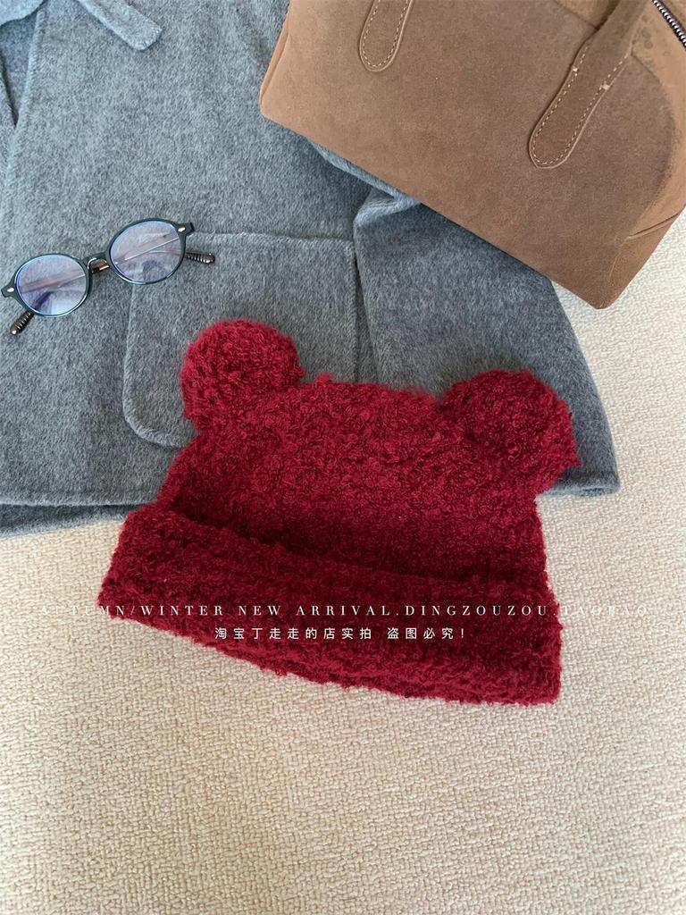 Soft Glutinous Cute Handmade Ears Bear Hat Women's Autumn and Winter Warm Curling Ear Protector Wool Hat