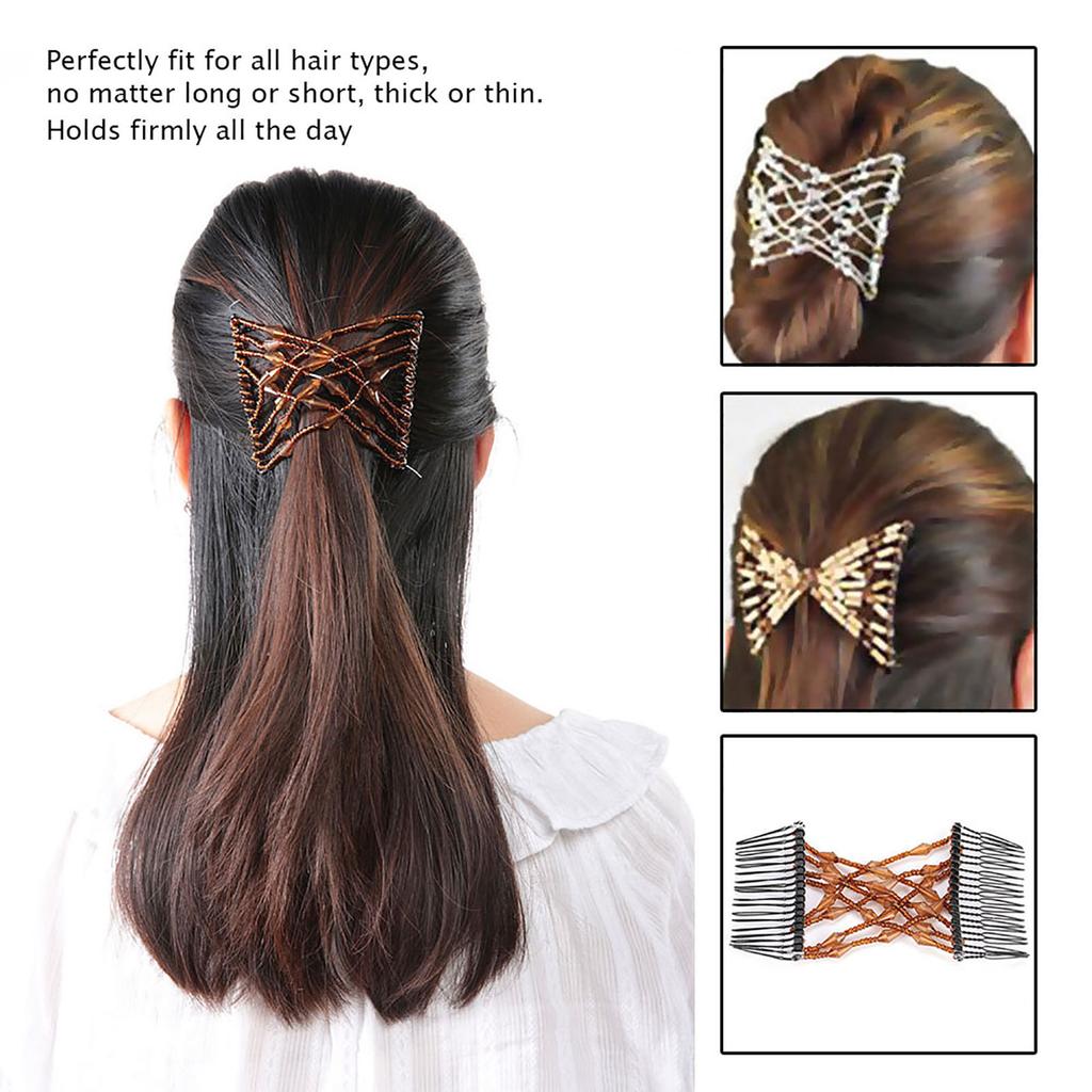Women Girl Magic Easy Hair Beads Slide Stretchy Comb Clip Stretchable Hairpin Coffee