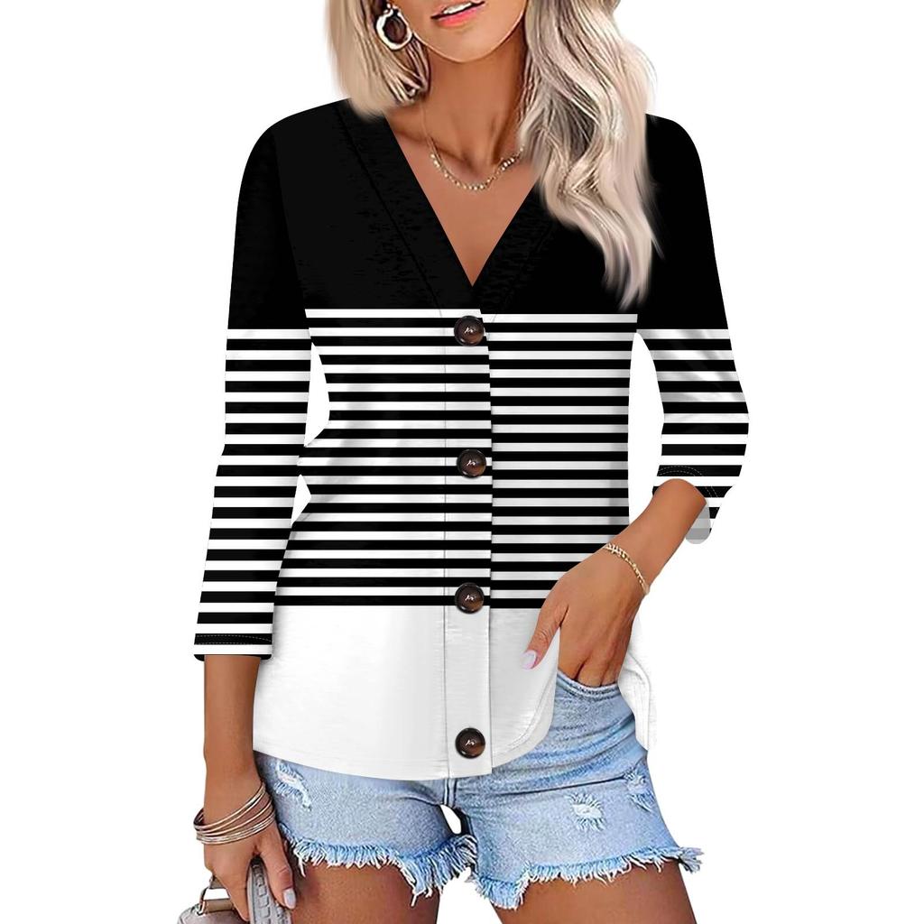 Women's Fashion Casual Printing Button-down Shirt 3/4 Long Sleeve Tops