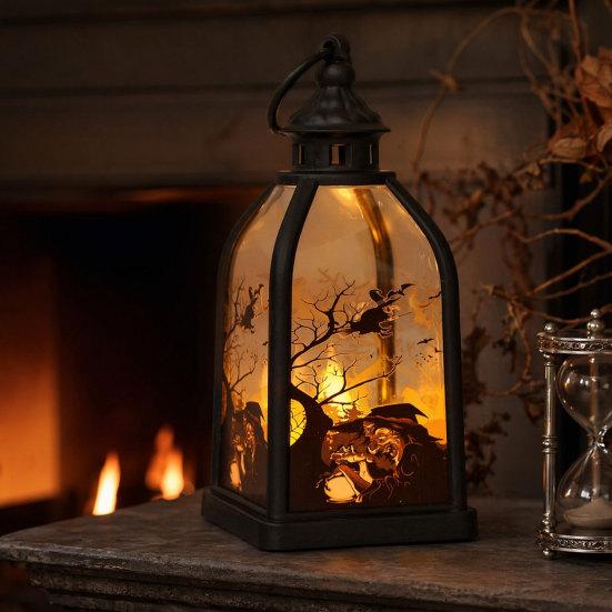 jijijing Halloween Candle Lantern, Decorative Spooky Witch Skeleton Pumpkin Tabletop Light for Haunted House, Front Porch, Gothic Home Party Decor
