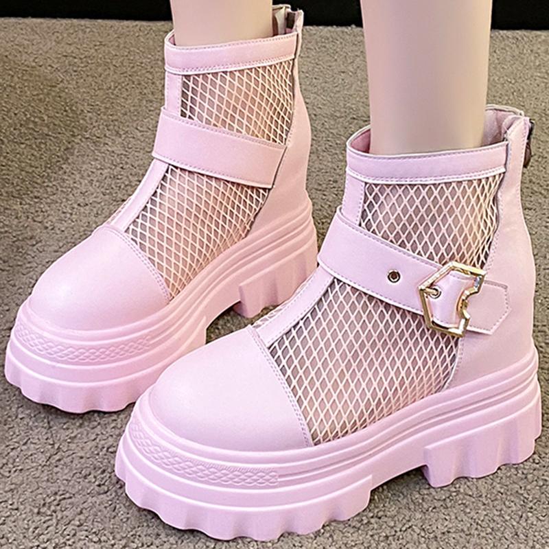 Fashion Pink Lovely Height Increasing Boots Women Breathable Mesh Buckle Zip Decor Summer Boots thick sole chunky platform uniform shoes