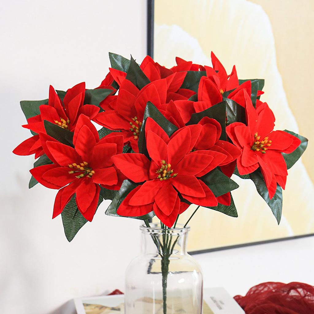 35cm Artificial Poinsettia Bushes Faux 7 Heads White Red Silk Artificial Christmas Flower Bouquet for Home Wedding Party Decor