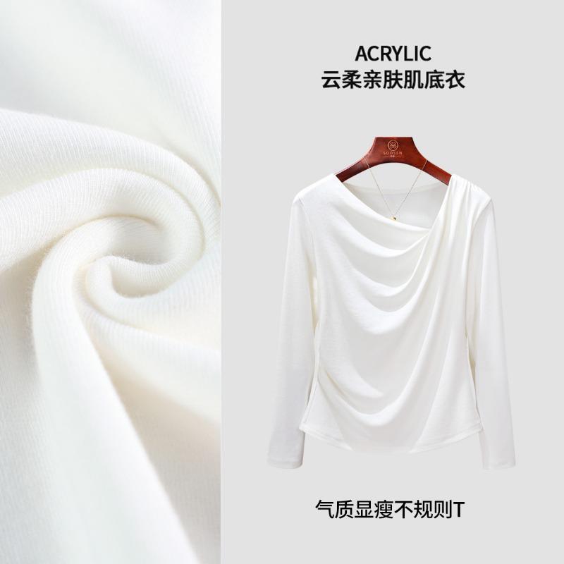 

Осенний новый дизайн мятый и тонкий женский топ с нерегулярным отложным воротником, длинным рукавом, темпераментный и универсальный XXXL белый