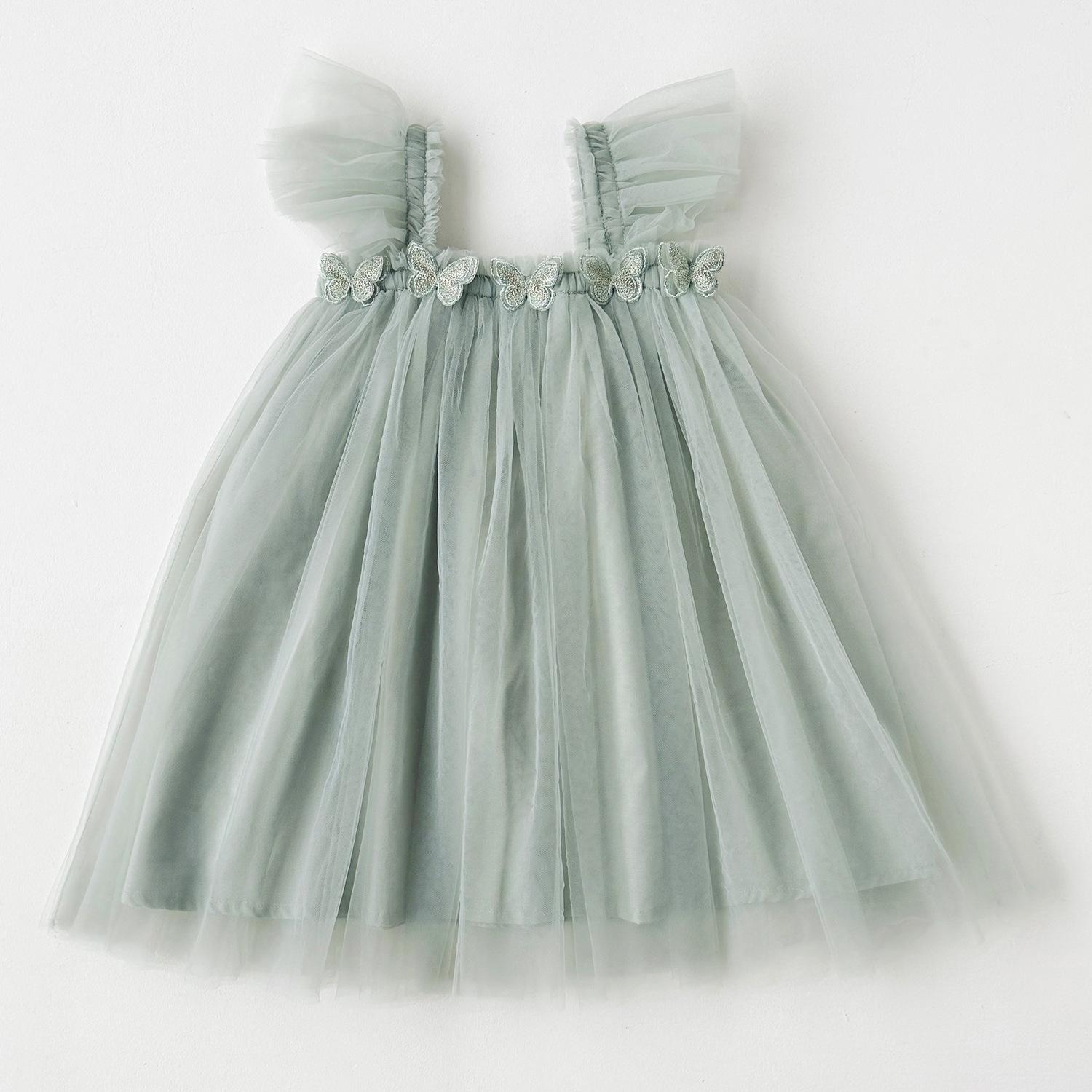 Double-Layer Butterfly Mesh Sweet Girl Strapless Fly-Sleeve Summer Puffy Princess Dress 80 cm