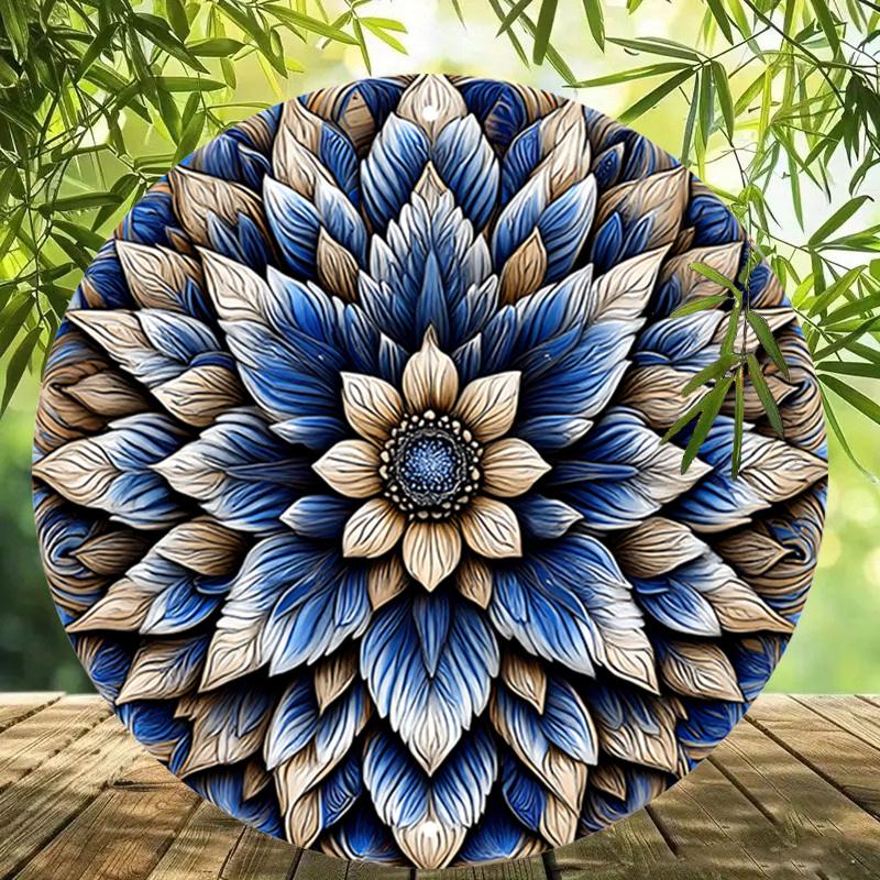 2D Flat 20*20cm 1pc Retro Blue Floral Mandala Round Wall Art Plaque, Nostalgic&Novelty Style Detailed Symmetry Flowers Pattern Environmental Embellish