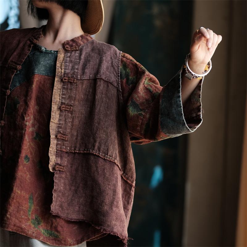 Johnature Women Vintage Coats Spring Chinese Style Patchwork Button Stand Loose Female Coats