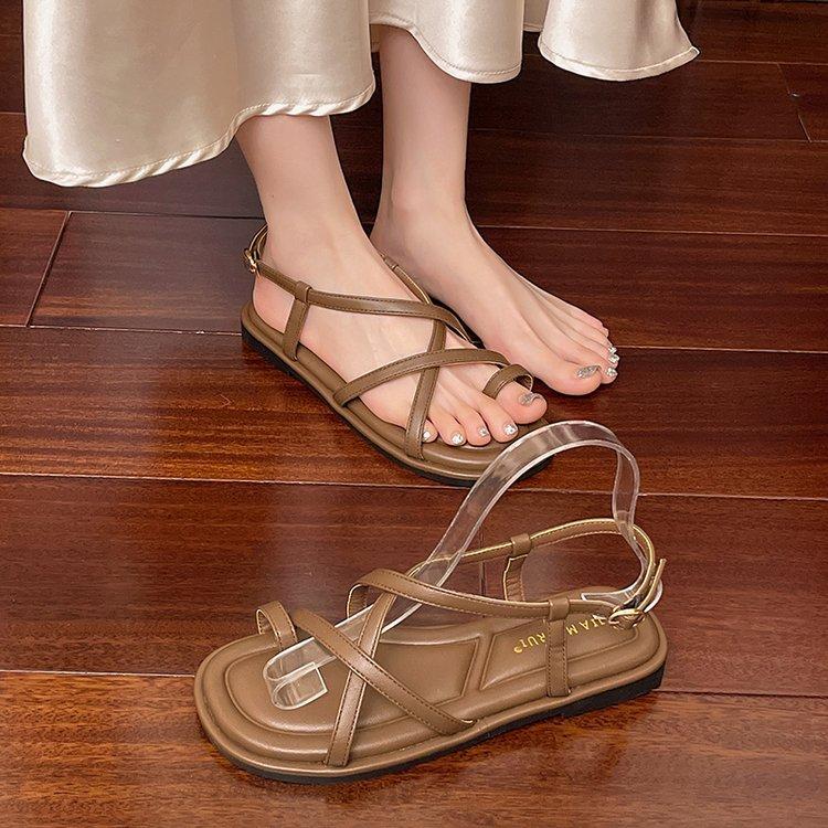 Fashion Low Sandals Woman Leather Low-heeled Hoof Heels Buckle Strap Slides Rubber Fabric PU Low Sandals Woman Leather Low-heeled Buckle