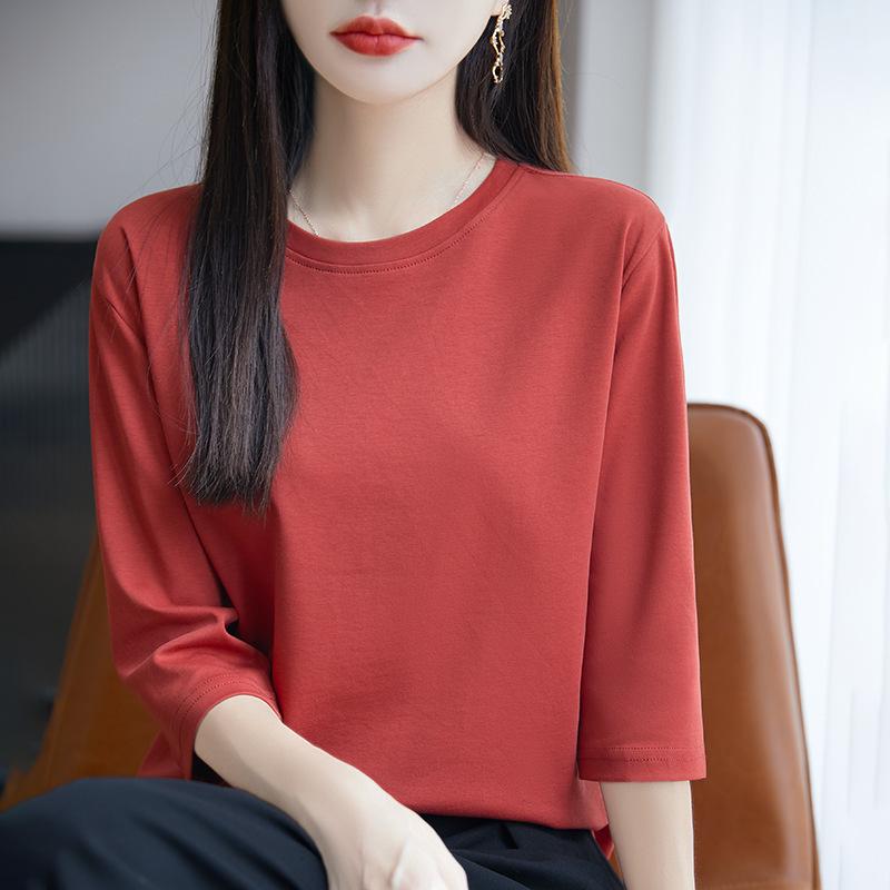 Women's Mercerized Cotton Solid Color Mid-Sleeve T-Shirt