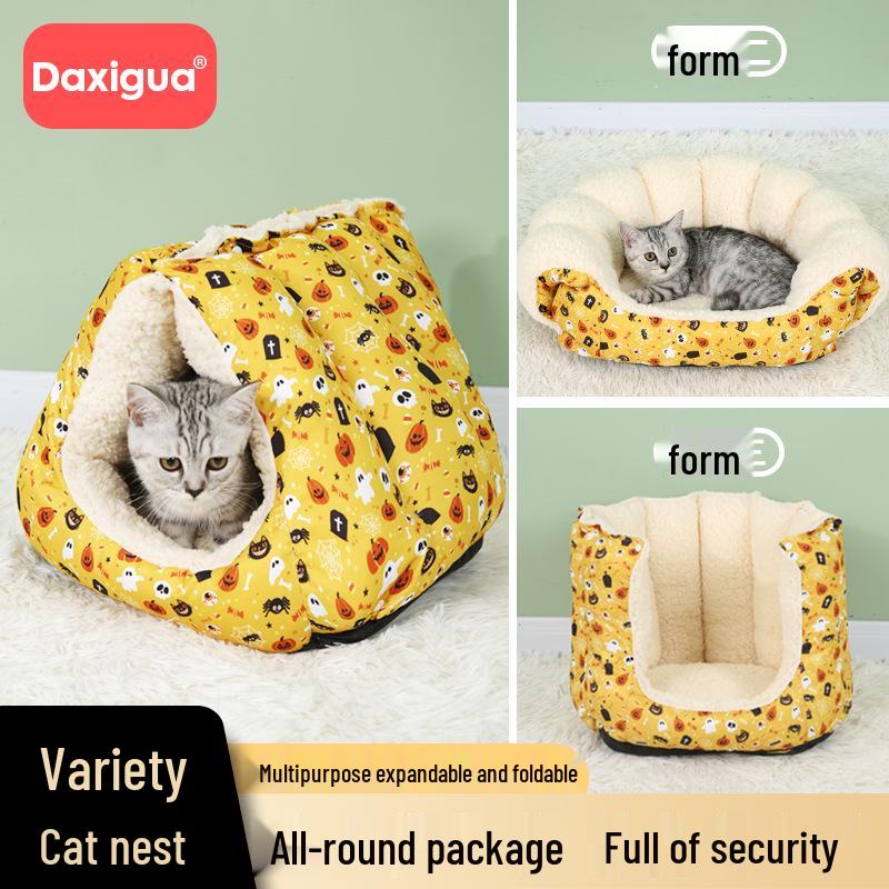 

Cozy Winter Pet Nest: Convertible, Velvet-Lined Sleeping Sofa for Cats & Dogs with Quilt Pink Floral