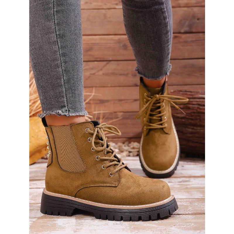 Round Toe Lace-up Muffin Suede Plus Size Booties 2025 Winter Thick Heel British Style Martin Boots for Women