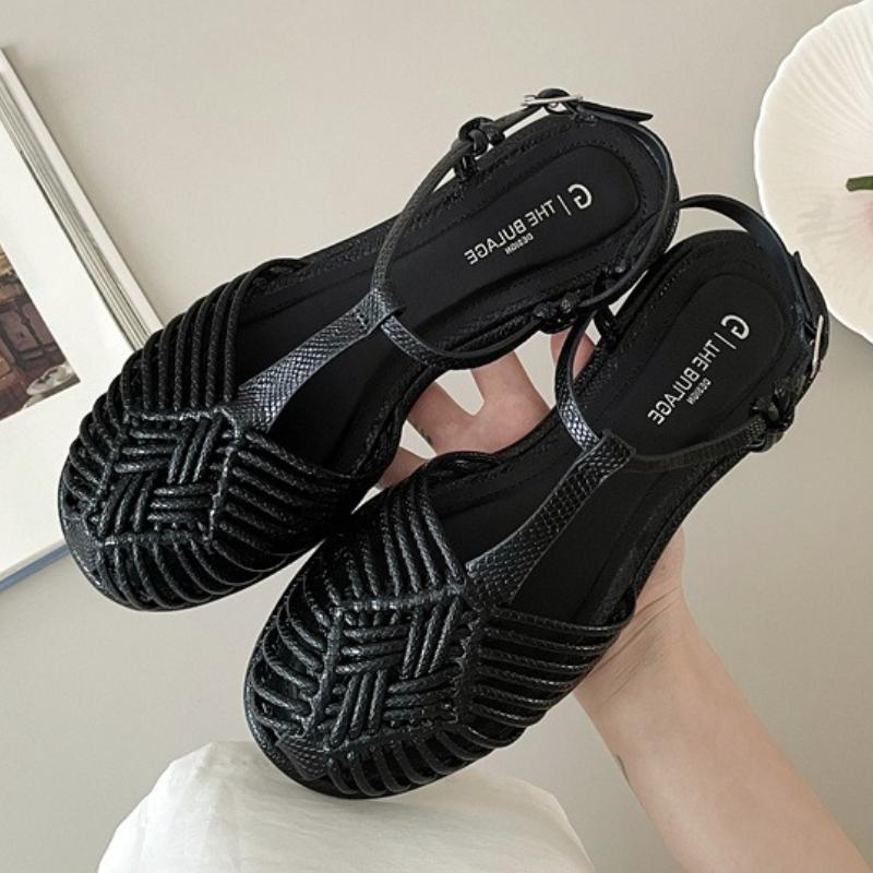 

Fashion Fashion Woven T Strap Flat Sandals Women Elegant Round Toe Ankle Buckle Designer Shoes Comfortable Soft Sole Gladiator Sandals 39 чёрный