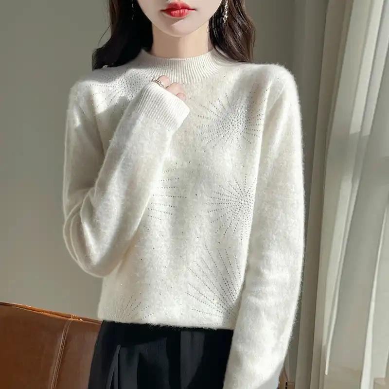 Suéter para Mujer Otoño Invierno Pulóver Espesado Cálido Tejido a Rayas Cuello Redondo Capa Base Elástico Manga Larga Jerséi Oversize Tops