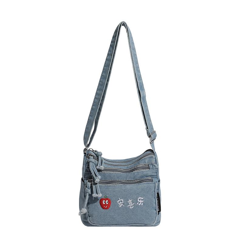 Вышивка Джинсовая Сумка Женская Легкая На молнии Кроссбоди Сумка для Мобильного Телефона светло-синий