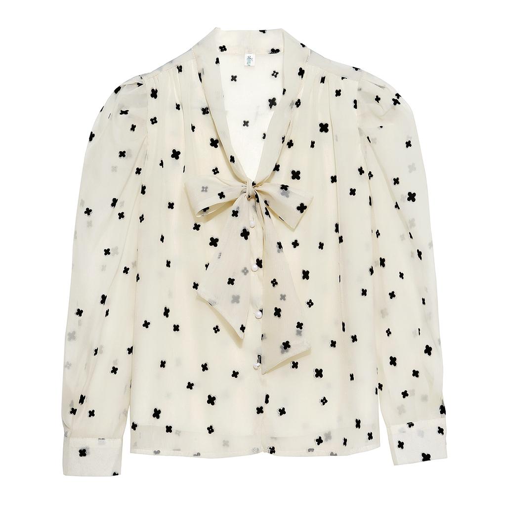 Fashion New 2024 Autumn Long Sleeve Lace Up Bow Collar Print Chiffon Blouse Shirt Women Tops Blouses Shirts J487