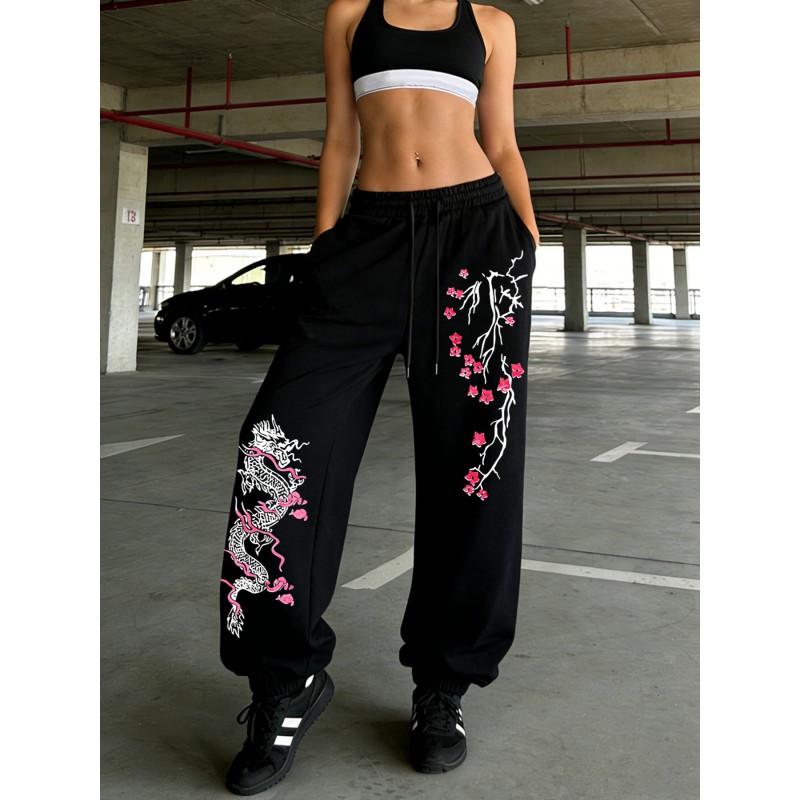 Mens Loose Fit Drawstring Waist Jogger Pants With Asymmetrical Plum Blossom Print Micro-Stretch Fleece-Lined Casual Trousers