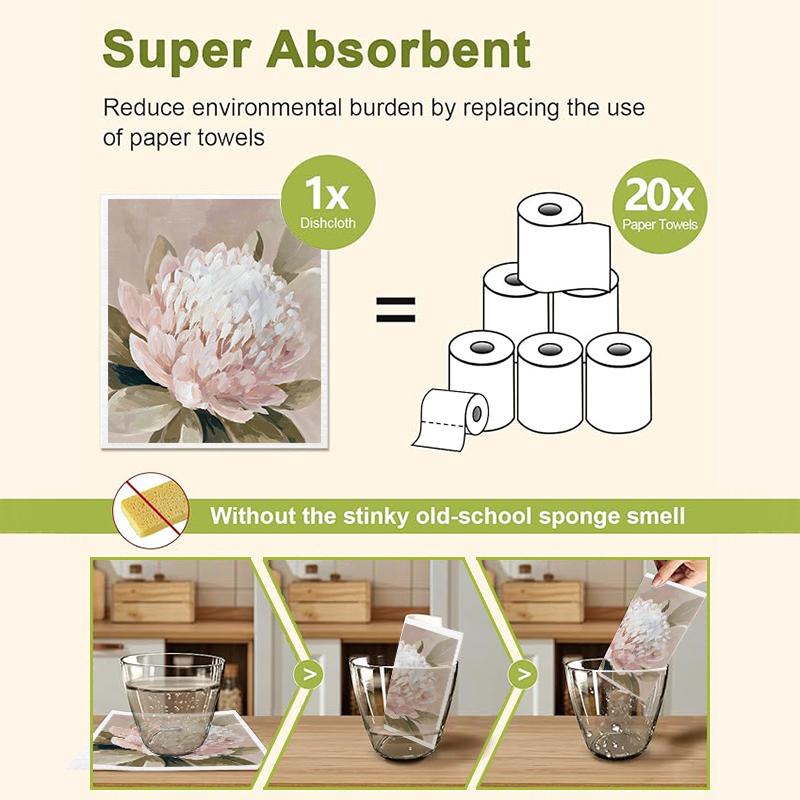 6PCS White Flowers Print Swedish Dishcloths Eco-Friendly Kitchen Dish Rags Absorbent Dish Towels Reusable Washable Cleaning Cloth