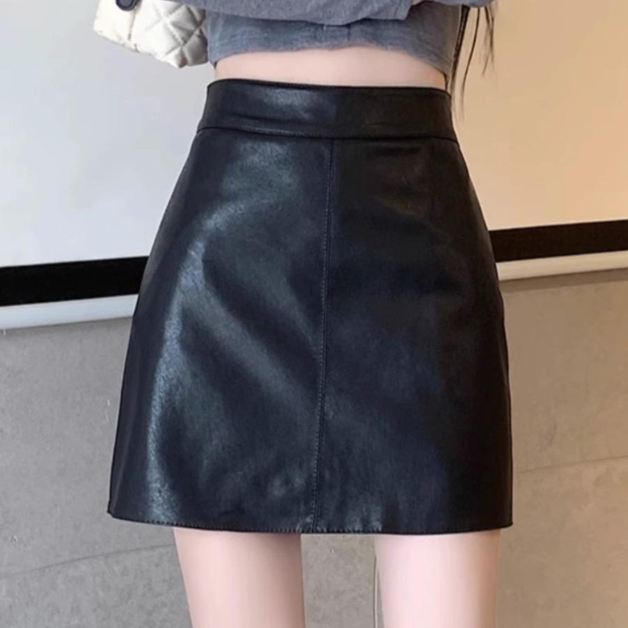 Women's High-Waist Matte PU Leather A-Line Skirt – Black, Petite, Autumn/Winter Fashion
