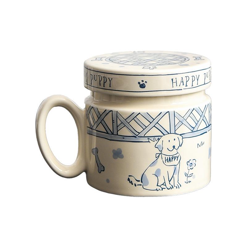Creative Cute Kitten Puppy with Lid Mug Ceramic Water Cup Male and Female Couple Cartoon Cup Household High Temperature Resistance