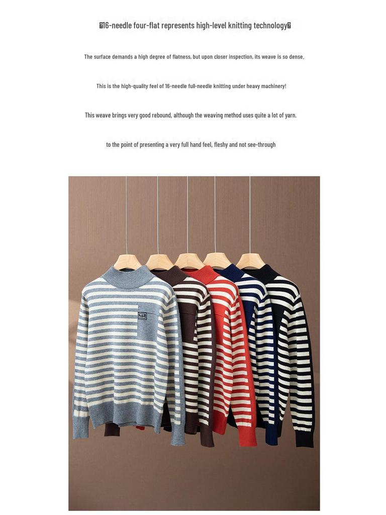 2025 Women’s Korean Style Striped Half High Neck Knitted Pullover Sweater