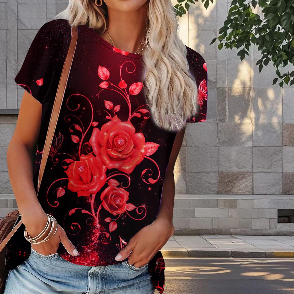 Damski Letni T-shirt z Nadrukiem Róży Retro Moda Krótki Rękaw Koszulki Casualowe Drukowane Topy