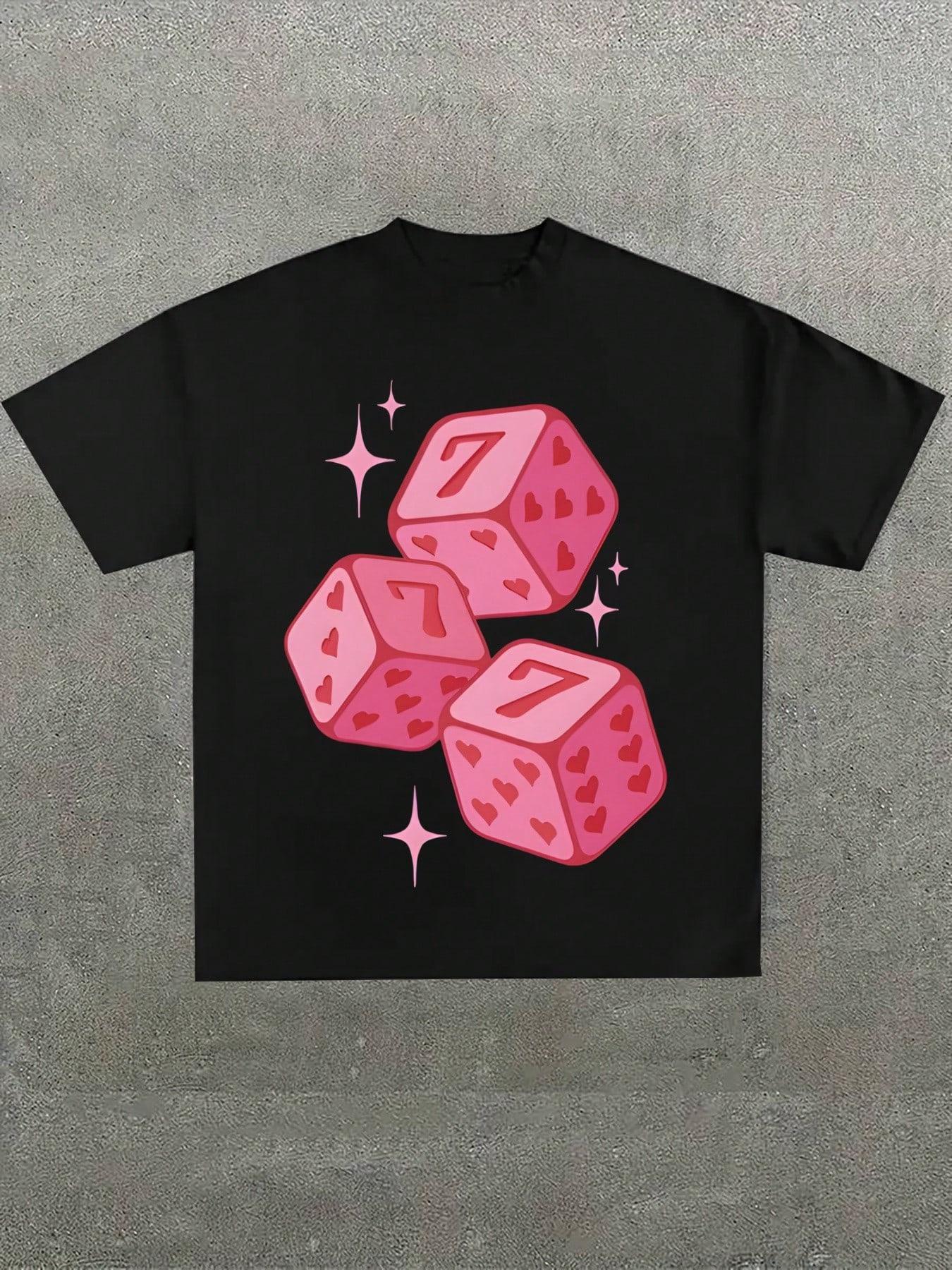 

Women Summer T Shirt Pink Dice Heart Print Tee Casual Short Sleeve Crew Neck Top Fashion Streetwear Comfortable Loose Top S