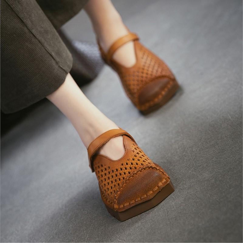 Johnature Genuine Leather Retro Hollow-out Breathable Flat Sandals Square Toe Comfortable Women's Shoes