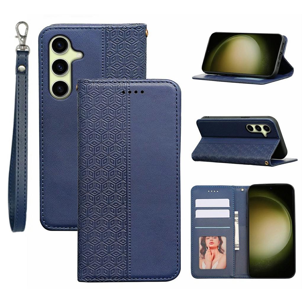 For Samsung Galaxy S26 Wallet Phone Case Checkered Pattern Imprint Leather Flip Cover with Wrist Strap