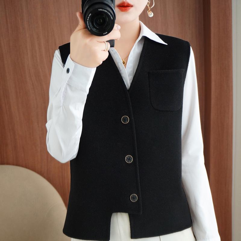 Dámská asymetrická oboustranná vlněná vesta - V-výstřih, bez rukávů, módní kardigan na podzim/zimu