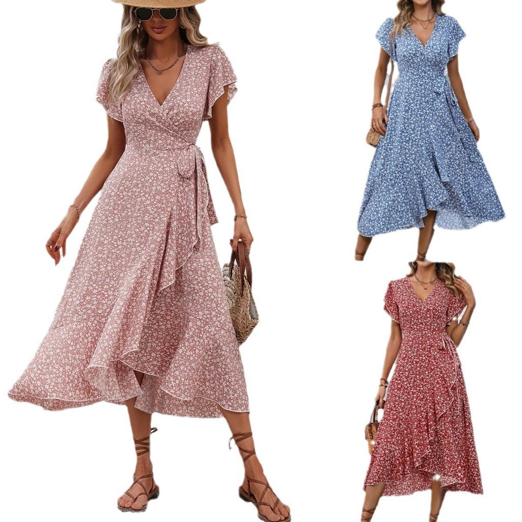 European and American summer floral new vacation short-sleeved temperament waist v-neck wrap dress