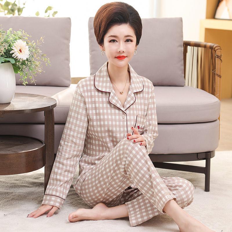 Middle-aged women's 100% pure cotton pajamas women's summer long-sleeved pajamas middle-aged and elderly mother loungewear thin suit