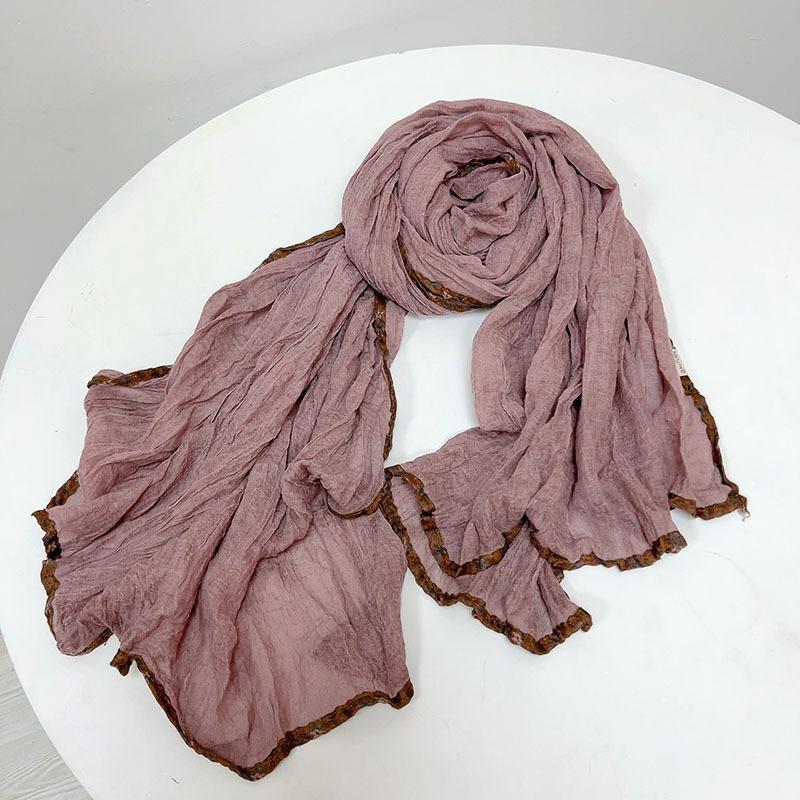 Vintage Cotton Linen Feeling Warm Scarf Solid Color Warm Shawl with Floral Brim Korean Versatile Pleated Autumn and Winter Scarf