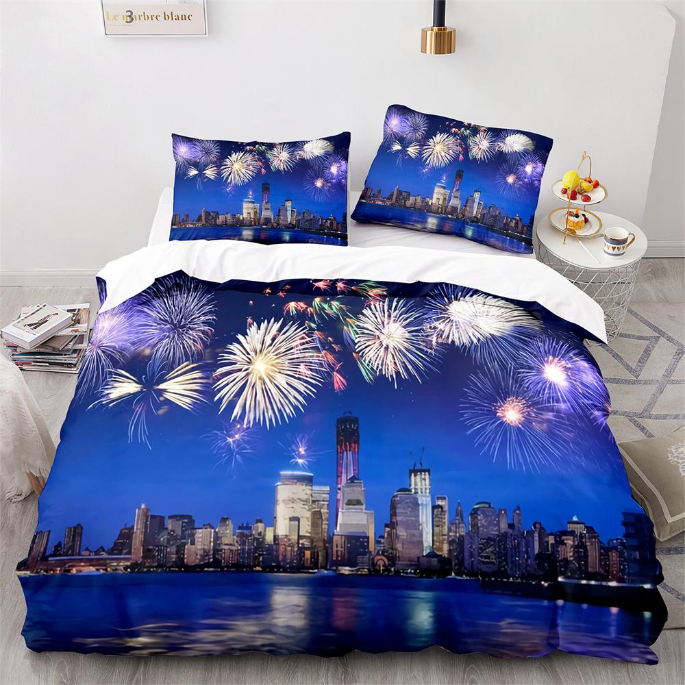 American City Landscape Duvet Cover Set Statue of Liberty Pattern King Queen Size Comforter Cover for Teen Polyester Bedding Set