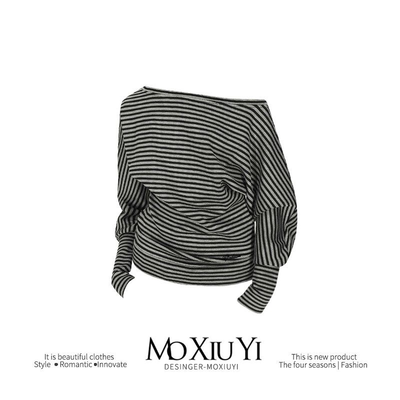 

Moxiuyi Studi [In Stock] Three-Dimensional off-Shoulder Slant Shoulder Stripes T-shirt Heap Pleated Slim Long Sleeve Top Gray S