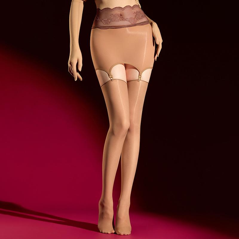 Sexy Women'S Stockings Split With Wrap Hip Skirt Socks Lace Over Knee Stockings Oil Shiny Transparent See-Through Underwear