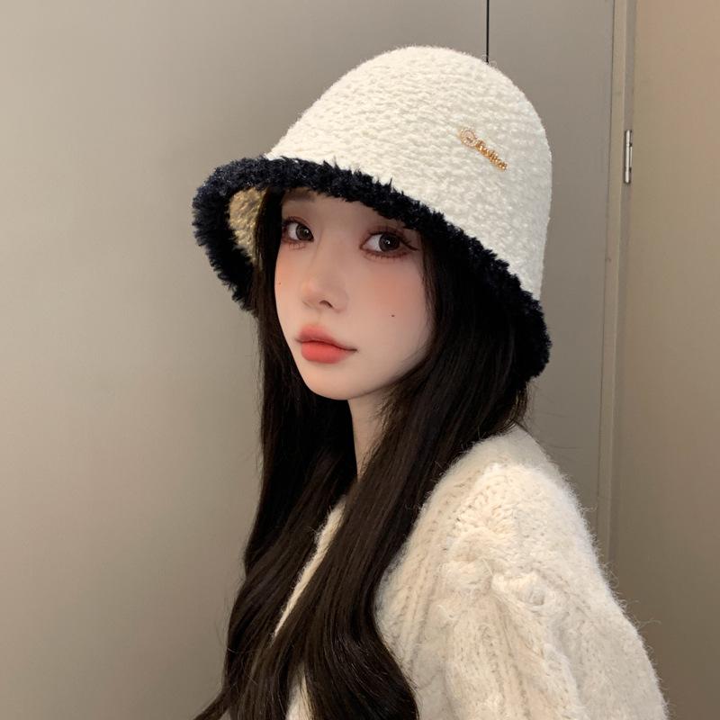 Korean Version of Autumn and Winter New Hat for Women with High End Metal Plush Fisherman Hat for Winter Thermal Basin Hat Bucket Hat Thick