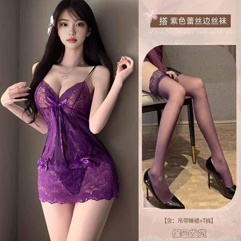 Purple Sweet Tank Mini Dress Sexy V Neck Sex Transparent Sleeping Pure Desire Charm Lace Strap Pajama Dress Elegant X7TY