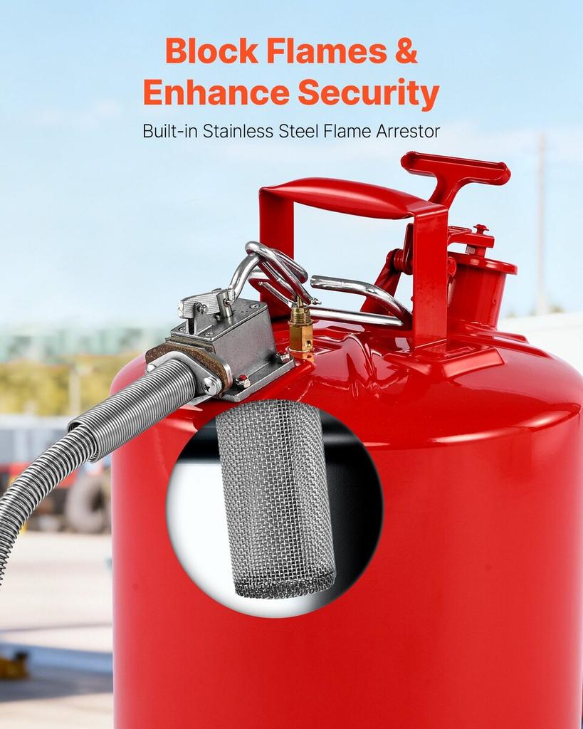 Safety Gas Can, 19 L Type II Red Safety Can for Gasoline with Stainless Steel Flame Arrester, Self-Closing Lid, and Flexible Metal Spout, Carbon Steel