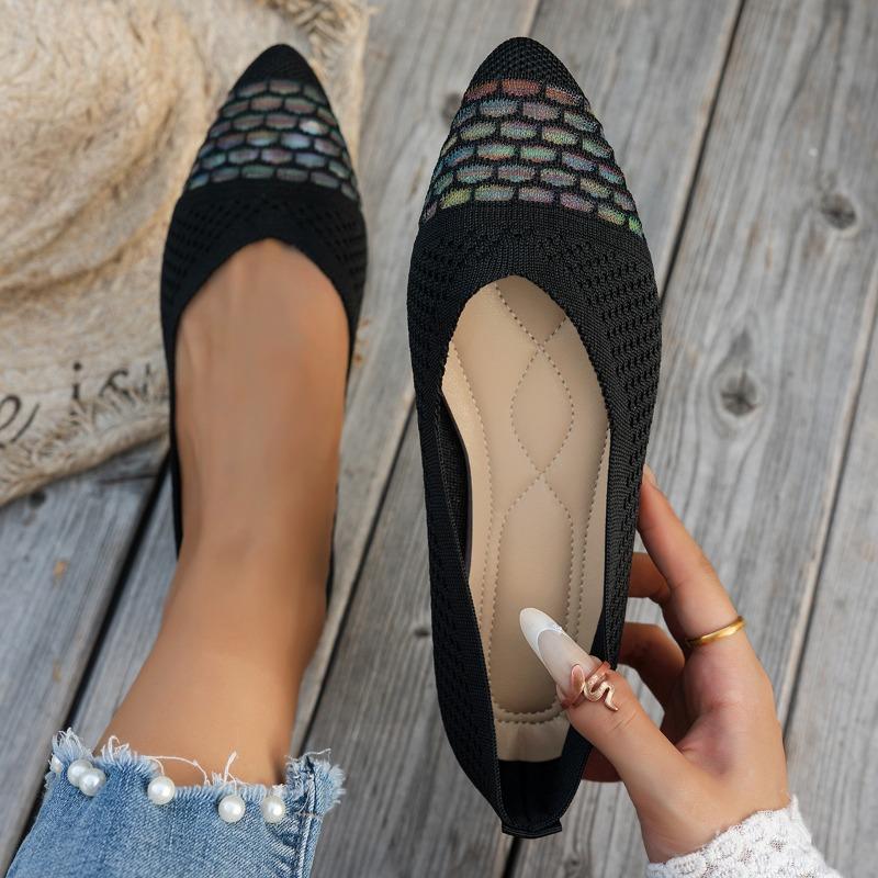 Women's Wide Width Flyknit Pointed Toe Flats - Color Block Slip-On Shoes with Cushioned Sole, Breathable Everyday Casual Shoes for Women