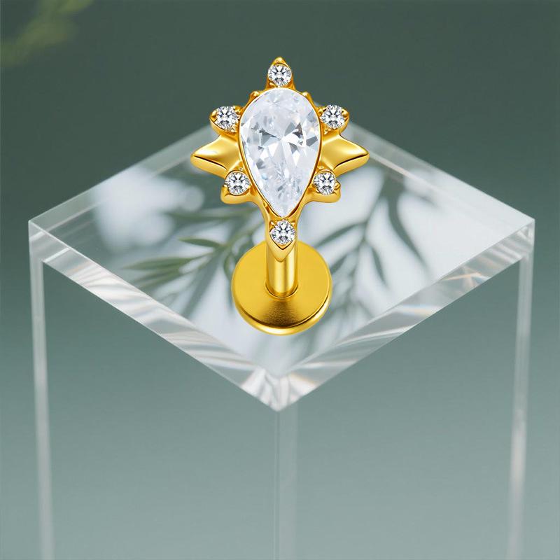 Gaibei G23 Titanium Tragus Piercing with Inner Thread and Water Drop Zirconia 3D Design