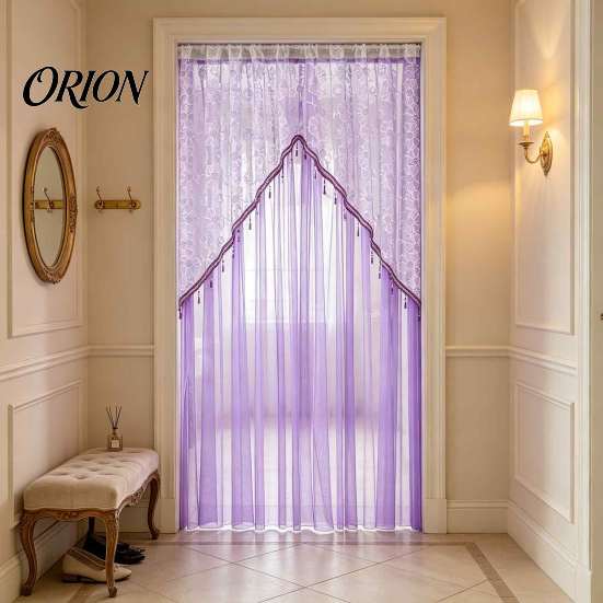 Romantic Home Decor for Living Room Sheer Floral Door Curtain with Beads, Lace Embroidered Gauze Double Layer Divider, Rod Pocket Doorway Bedroom