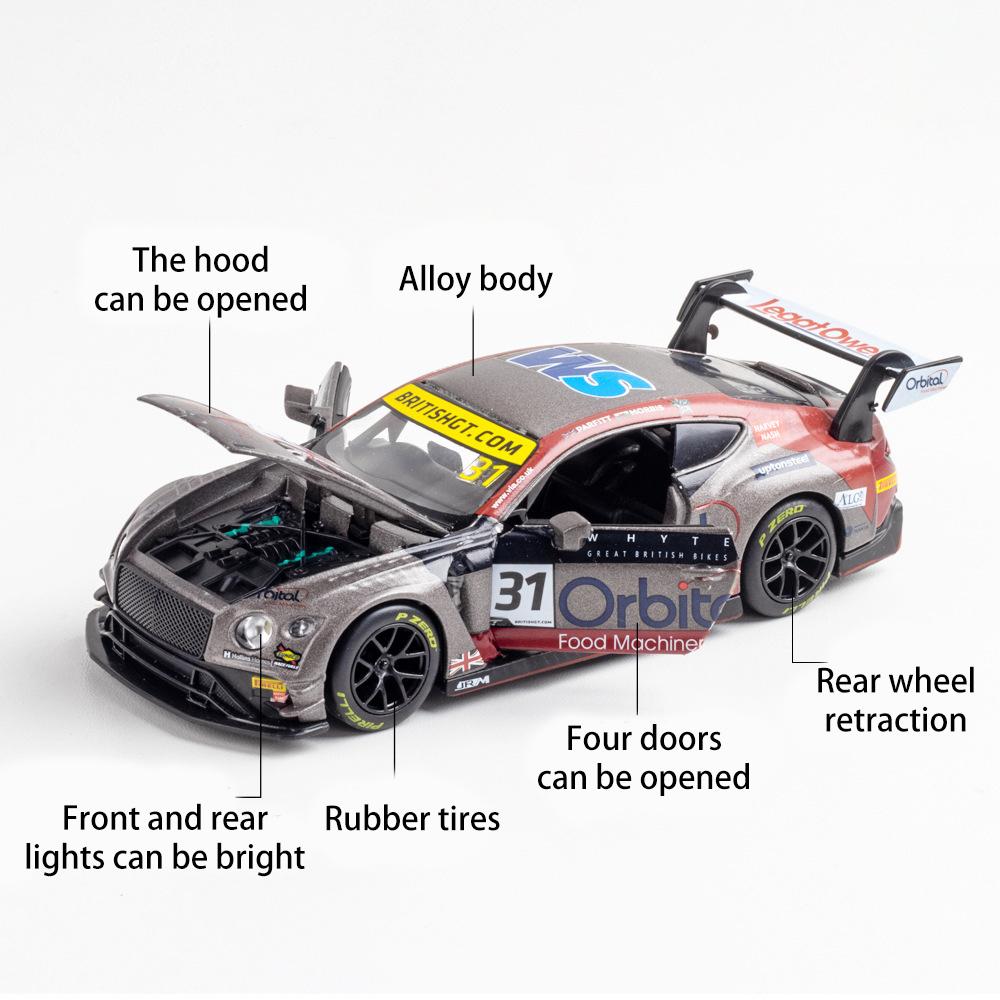 Model auta Bentley Continental GT3 v měřítku 1/32, stahovací autíčko se zvukem a světlem pro děti Batole Kluci Dívčí Dárková kolekce