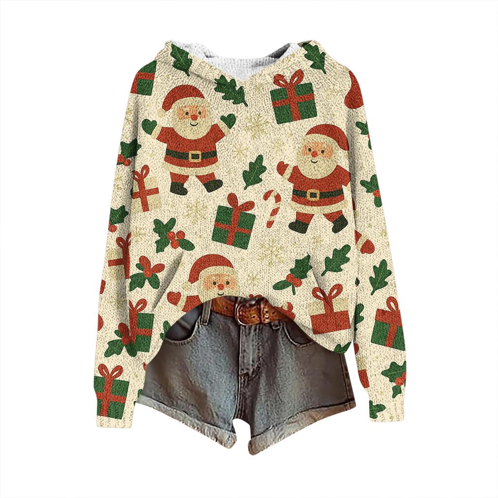 Women's Fashion Casual Long Sleeve Christmas Print Hooded Knitted Sweatshirt