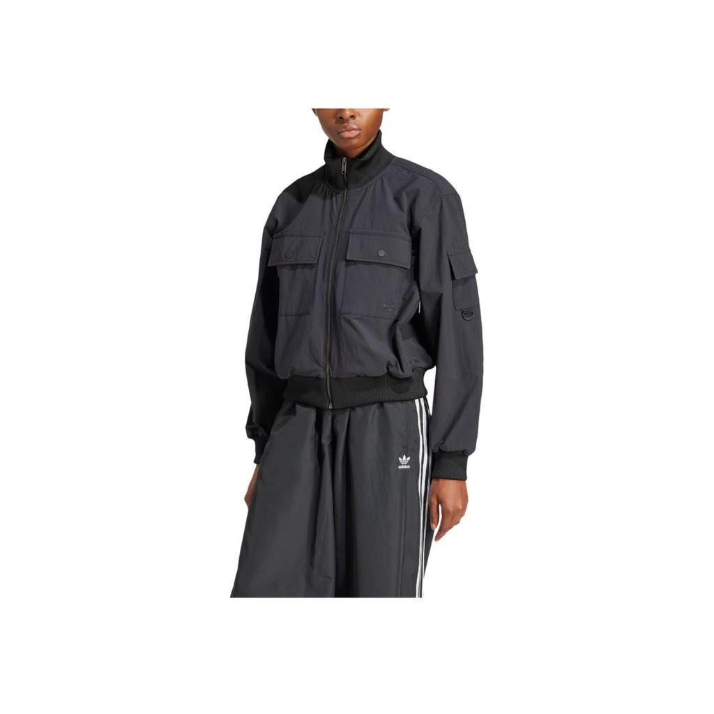 adidas Originals Multi-Pocket Loose Fit Stand Collar Zip-Up Long Sleeve Jacket Women Jackets Gray JD4792
