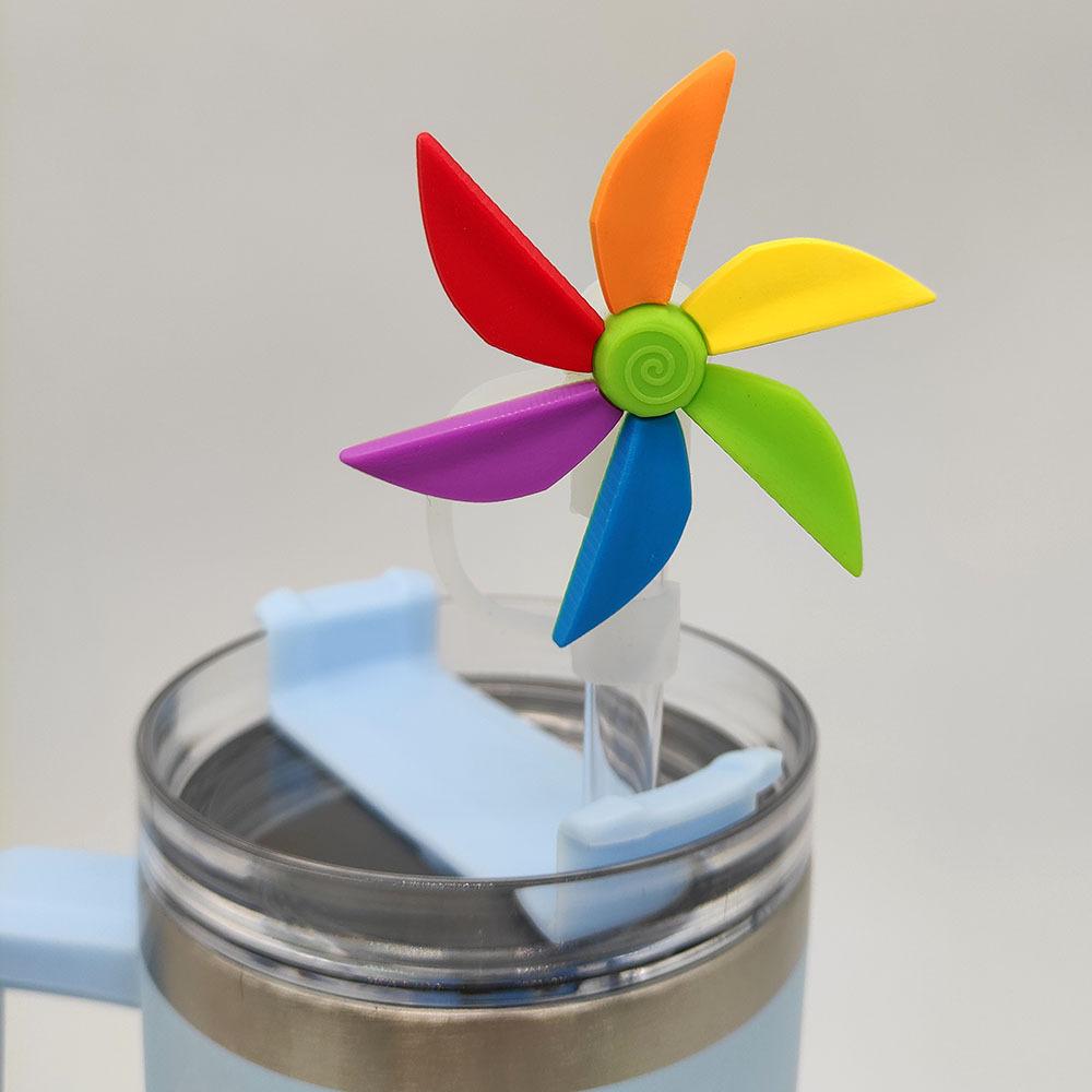 New Seven Color Rotating Windmill Silicone Straw Cap Detachable Silicone Straw Dust Overflow Prevention Water Cup Accessories