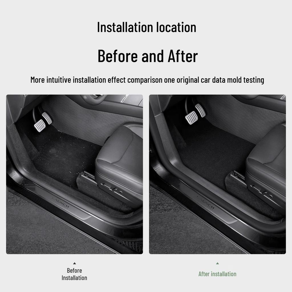 Tesla Model Y Molded Sill Strip with Built-in Under-Seat Corner Protectors - Anti-Kick Accessory.