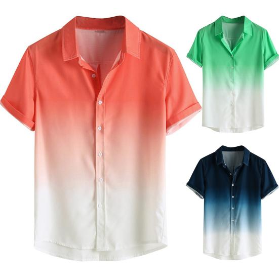 Stylish Men Short Sleeve Turn Down Collar Gradient Color Print Buttons Shirt